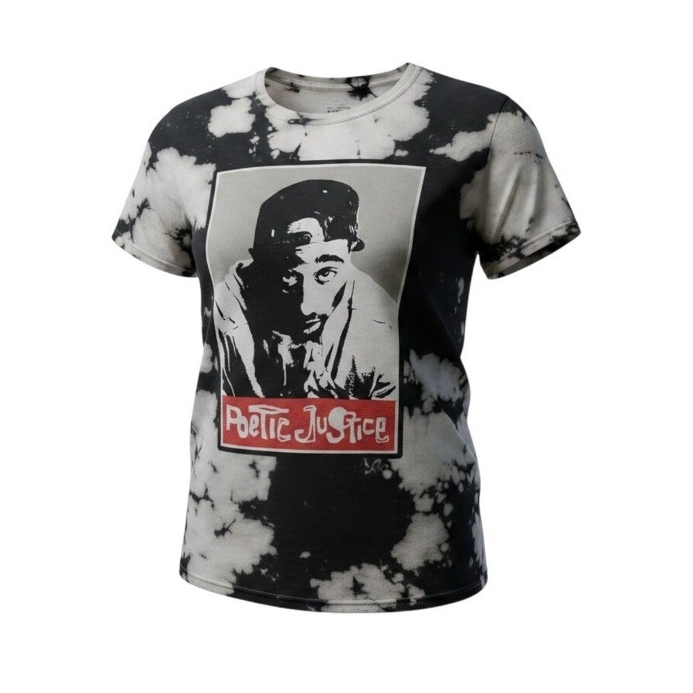 Poetic Justice Tupac Shakur Graphic T-Shirt Black White Bleach Tie Dye Medium